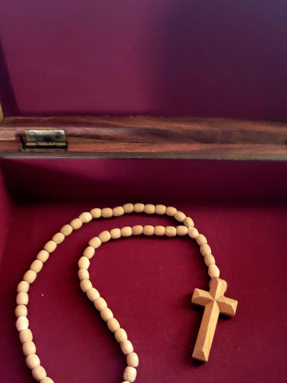 Hand Crafted Wooden Bead Rosary Necklace in Natural Brown